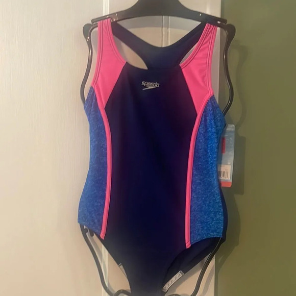 #17 Speedo youth bathing suit Medium Size 10 Blue Pink 1 piece - Picture 1 of 7